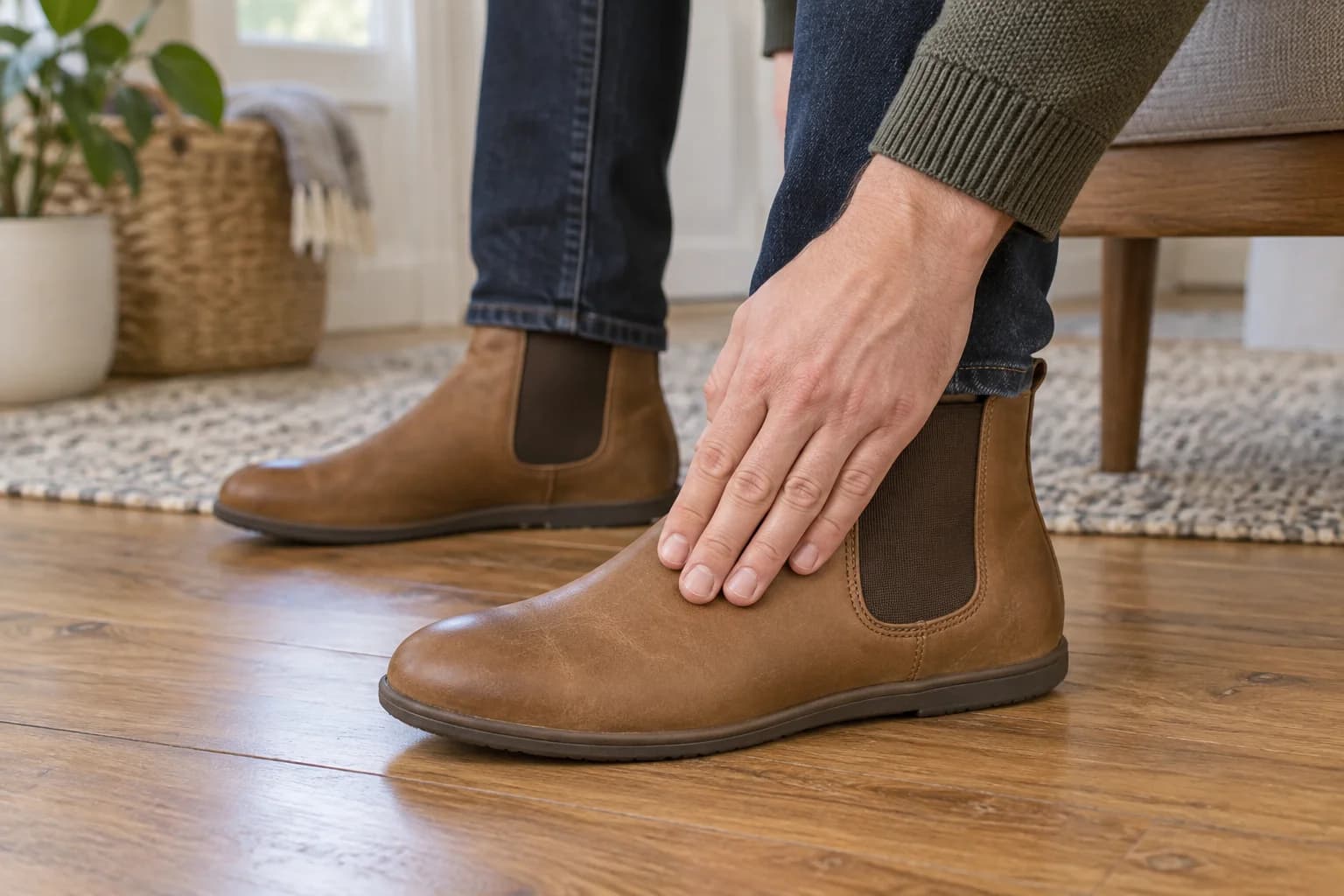 Illustration of checking the fit over the instep of an unbranded Chelsea boot