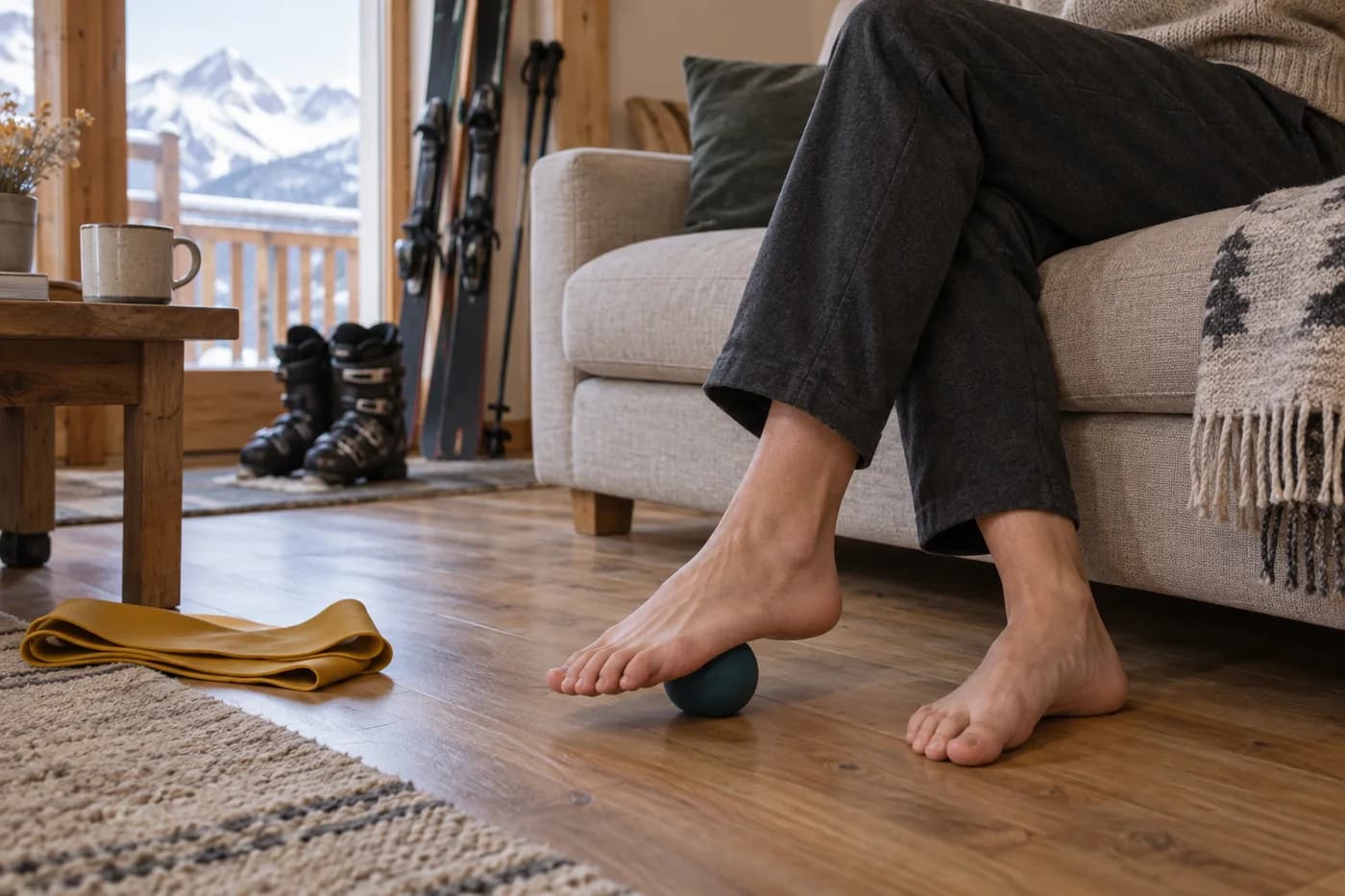 Illustration of gentle seated foot rolling after skiing
