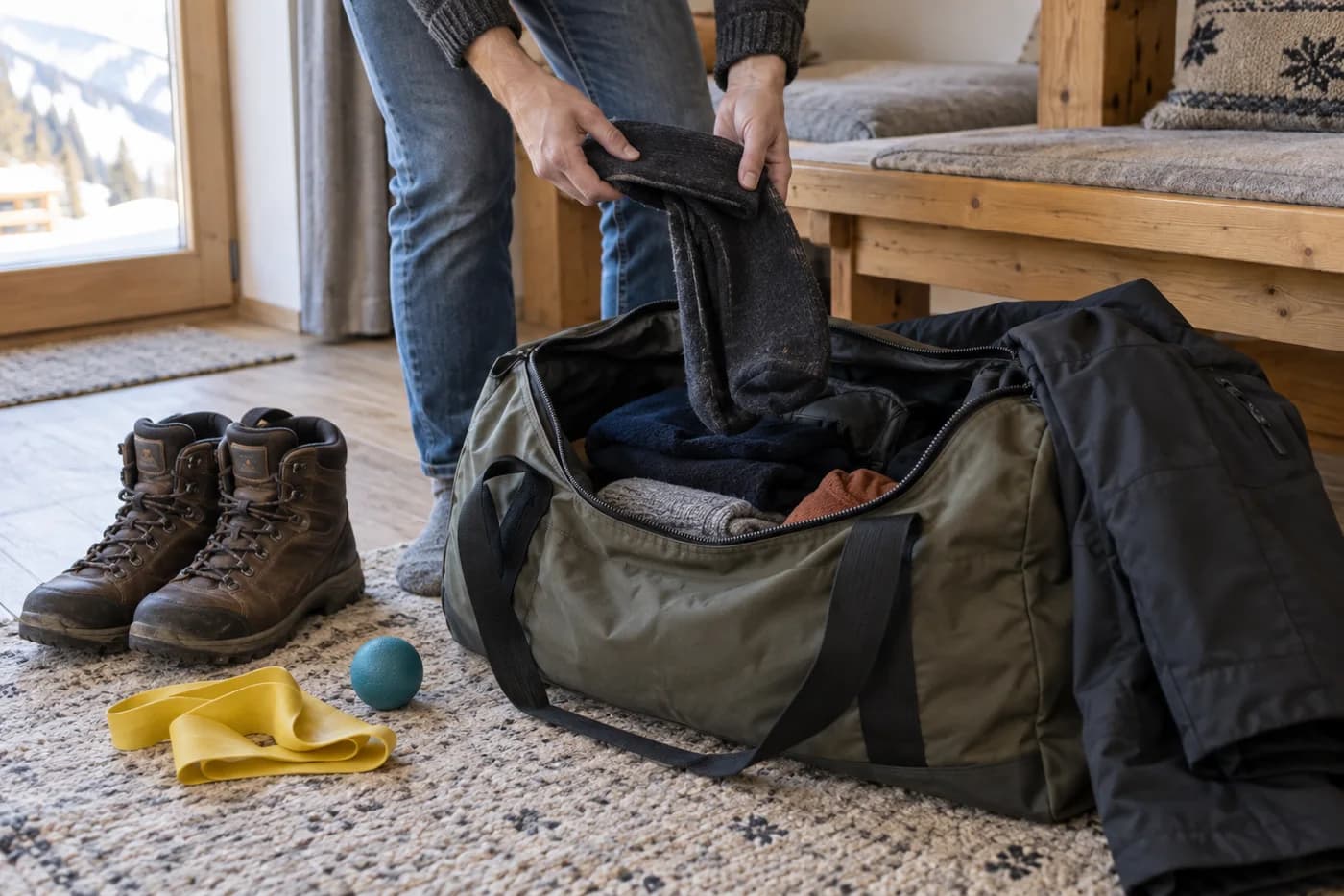 Illustration of packing ski socks and a few small accessories for a trip