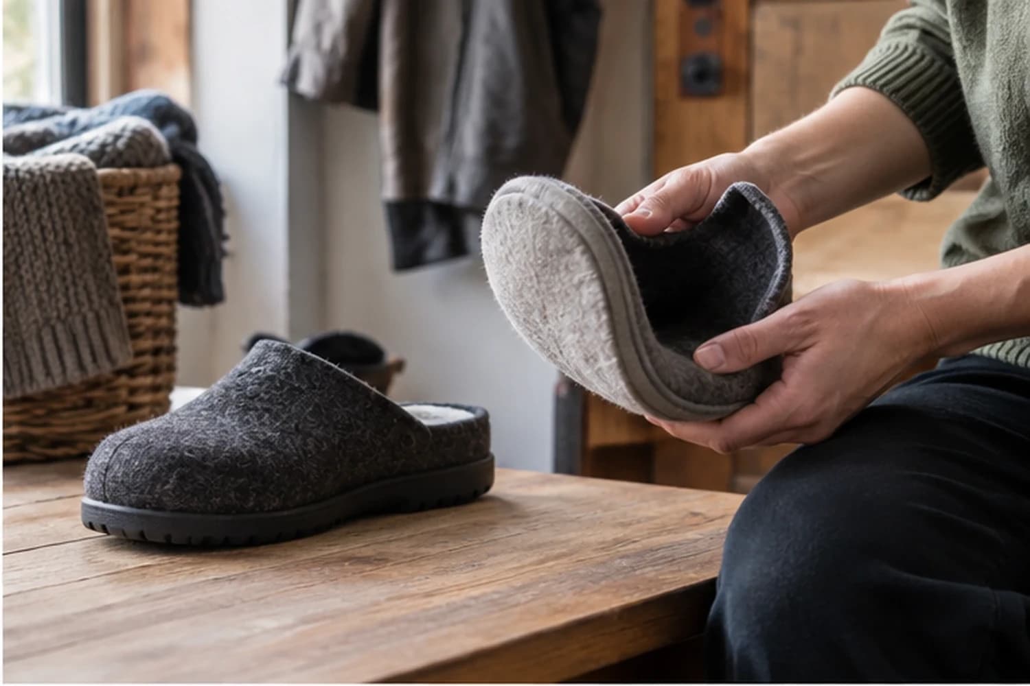 Illustrative comparison of soft indoor slippers and a more substantial step-outside slipper
