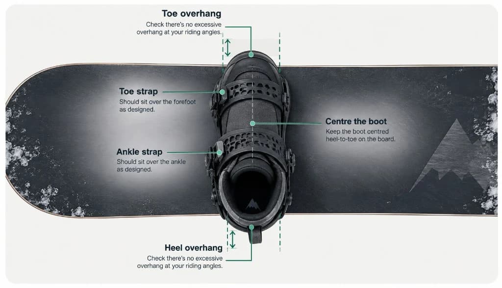 Top-down view of a snowboard boot centred in a binding, labelled for toe and ankle strap position, heel-to-toe centring, and toe and heel overhang against the board