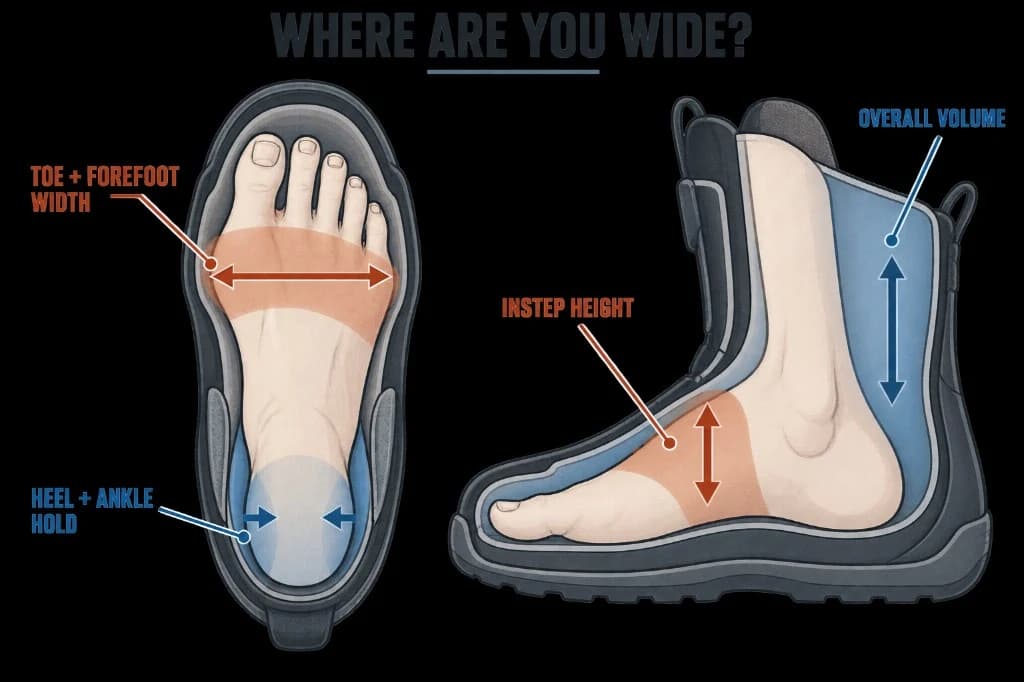 Black labelled diagram of a snowboard boot: top-down view showing toe and forefoot width versus heel and ankle hold, plus a side cutaway for instep height and overall volume