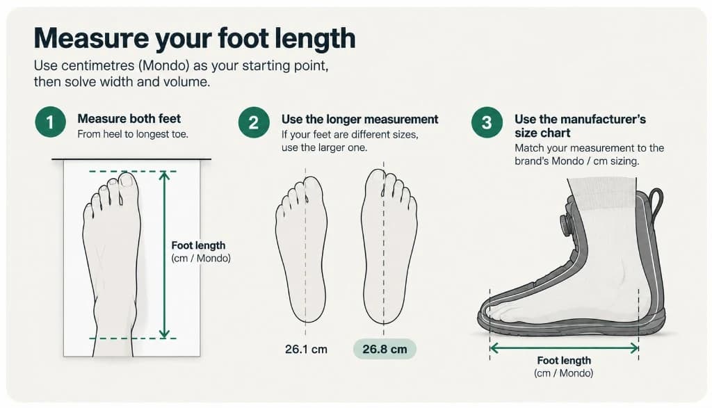 Three-step diagram for measuring both feet heel to longest toe, using the longer centimetre or Mondo measurement, then matching it to the manufacturer’s size chart inside an unbranded snowboard boot