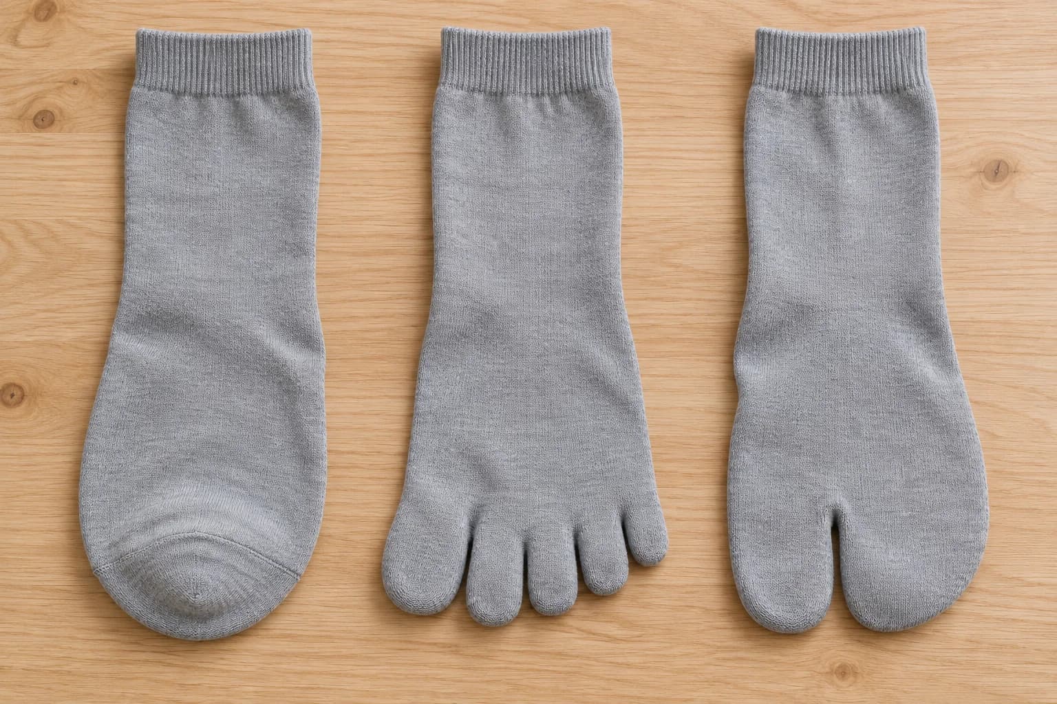 Illustrated sock comparison: a single toe pocket on the left, five separate toe sleeves in the middle, and a split big-toe pocket on the right